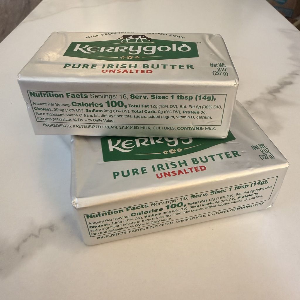 Two blocks of Kerrygold butter with a nutrition label showing 12 grams of fat per tablespoon